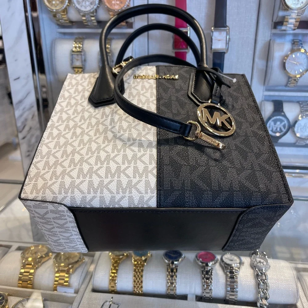 Michael Kors Mercer Md Two-Tone Logo Crossbody Messenger Black Multi Purse NWT